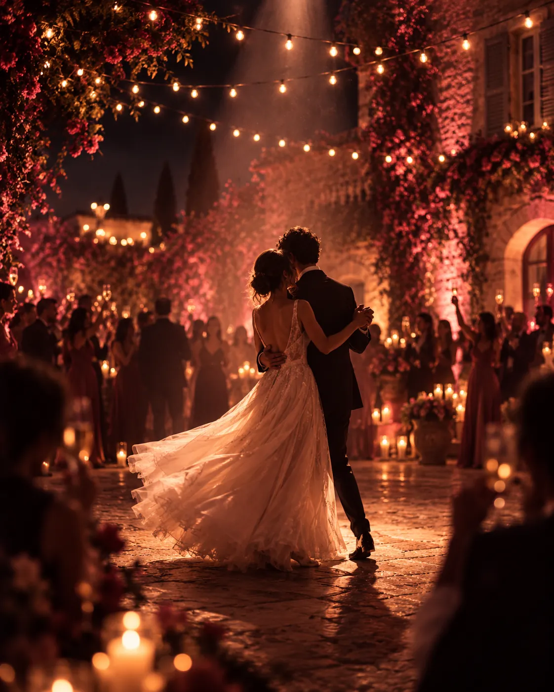 Ouverture de bal d'un mariage dans la cour d'un domaine, sous des guirlandes lumineuses, entourée des invités