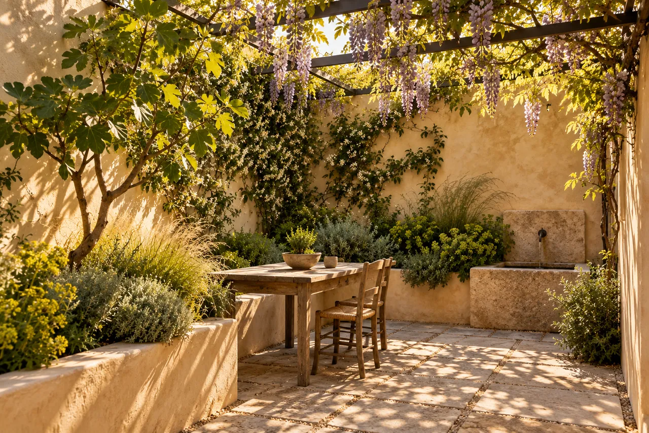 Cour fermée sous une pergola de glycine : dallage clair, jardinières maçonnées, figuier, jasmin, table en bois et fontaine en pierre