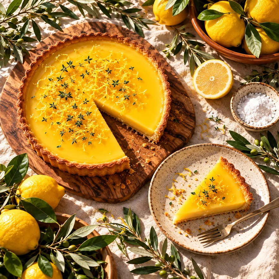 Tarte au citron sur une planche en olivier, une part servie sur une assiette