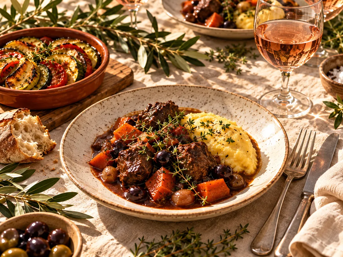 Assiette de daube provençale et polenta crémeuse sur une table dressée, verre de rosé et tian en arrière-plan